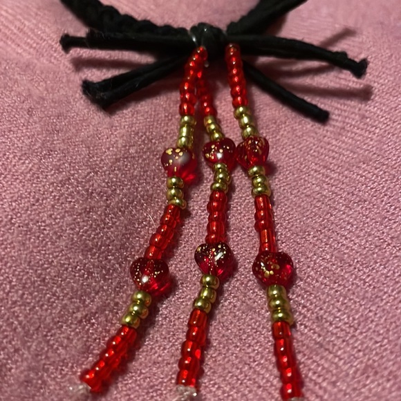 Original Hair Elastic Enhanced w Gold & Red Glass Beads & Glass Hearts - Picture 2 of 3